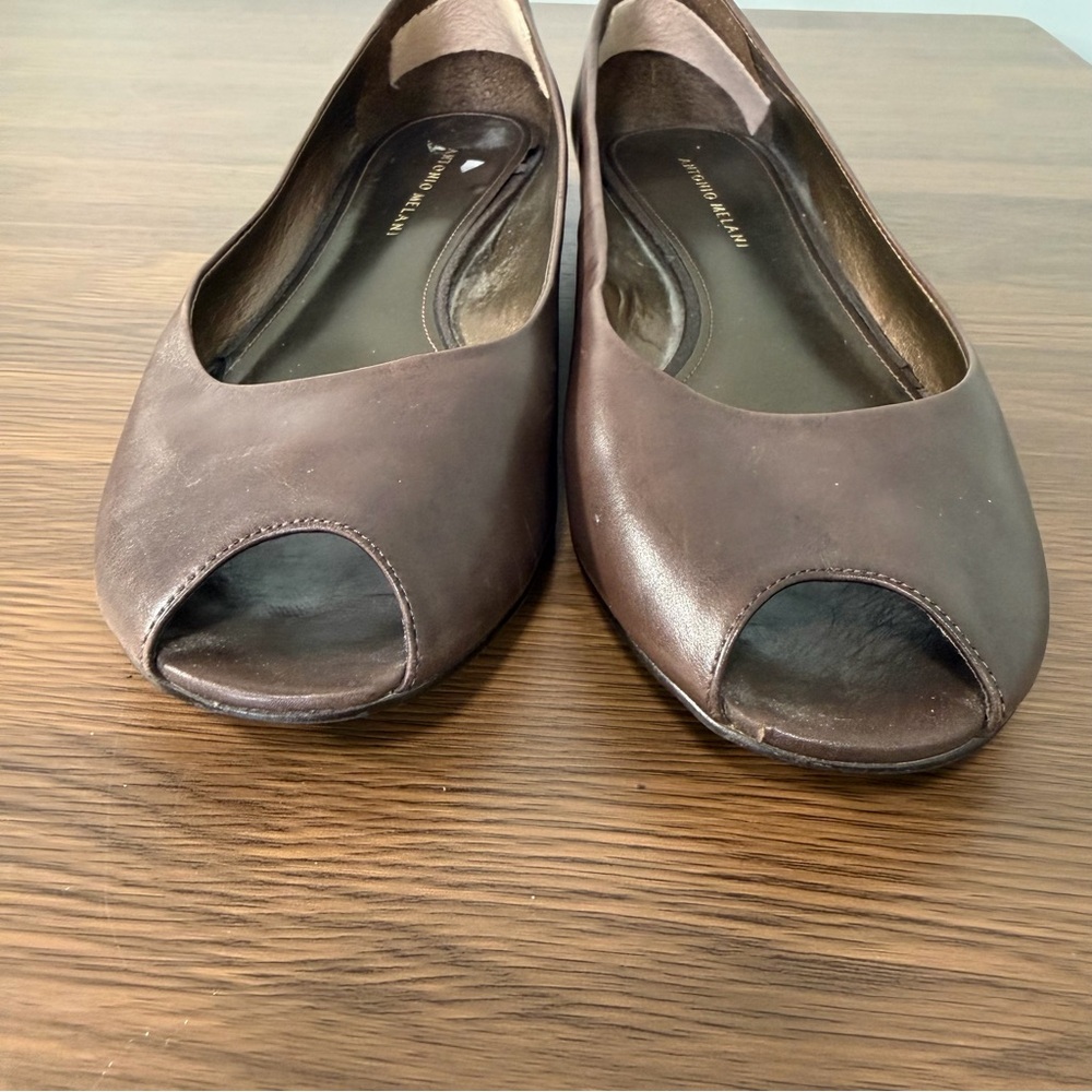 ANTONIO MELANI Dark Brown Peep-Toe Flats Size 9.5 - Picture 5 of 10